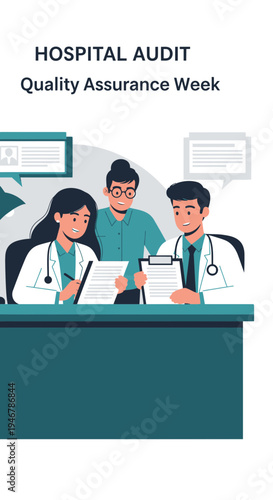 Medical Professionals Collaborating During Hospital Audit for Quality Assurance Protocols