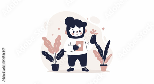 A cheerful character tending to potted plants in a minimalist, abstract style