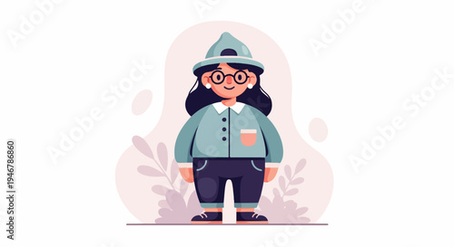 Cartoon character with glasses and a hat, dressed in a light blue shirt and dark blue pants