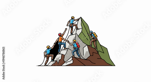 Teamwork and mutual assistance in climbing a steep mountain peak