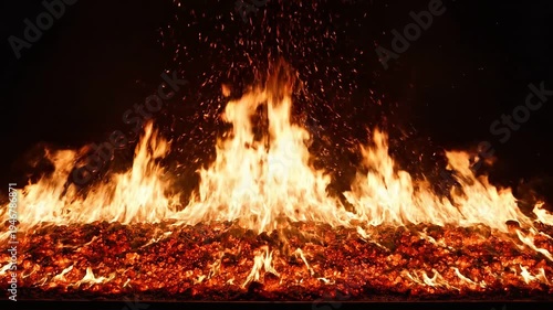 Campfire Burning Wood with Bright Flames and Sparks at Night