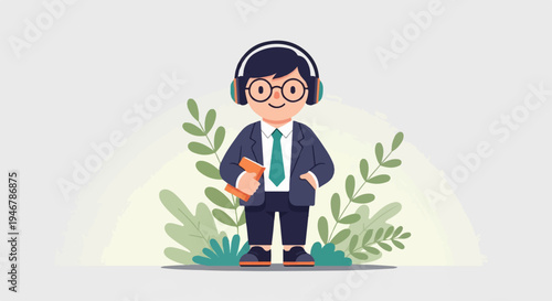 Friendly student with headphones and book, surrounded by plants