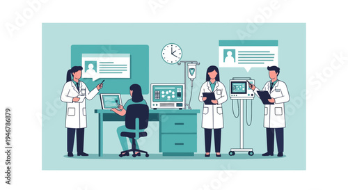 Medical Professionals Discussing Patient Data and Diagnostic Information in a Clinic Setting