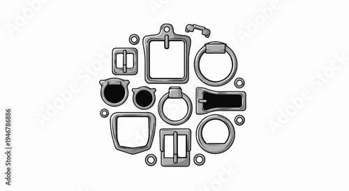 A collection of various metallic buckles, rings, and hardware
