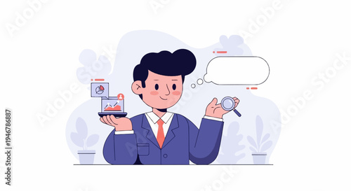 A man in a suit holds a laptop with charts and a magnifying glass, contemplating