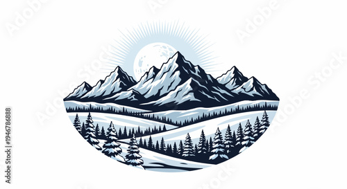 A stylized winter scene featuring snow-capped mountains, a large moon with sunburst rays, and evergreen trees