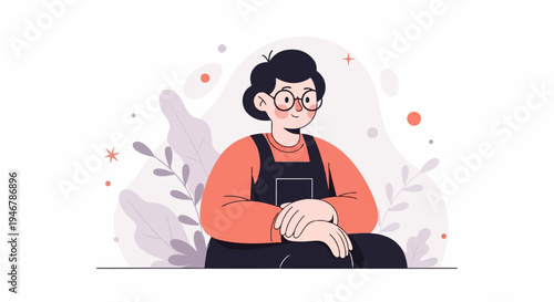 Person in orange shirt and dark overalls holding a book, with soft floral background