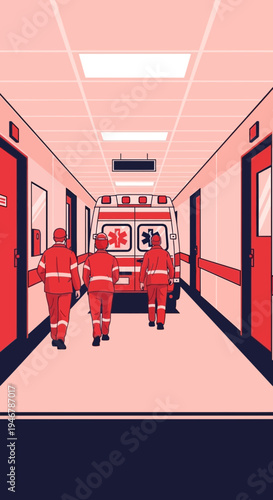 Medical Professionals Escorting Ambulance Through Hospital Corridor for Emergency Assistance