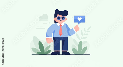Cheerful person in business attire gives a thumbs-up with a heart notification