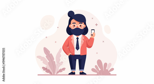 A person in a mask and suit holds a phone amidst abstract shapes and plants
