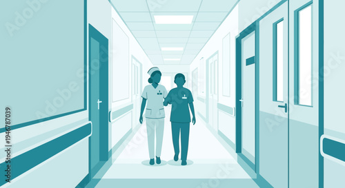 Medical Professionals Guiding Patient Down Hospital Corridor With Supportive Aid