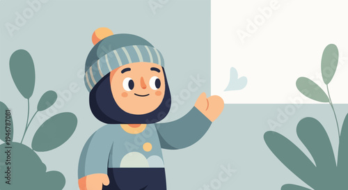A cheerful cartoon character in winter attire waves hello, surrounded by stylized plants and a thought bubble