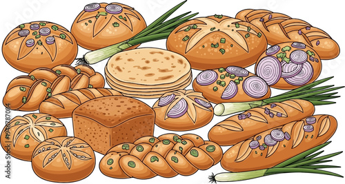 Assortment of baked bread, flatbread, and green onions