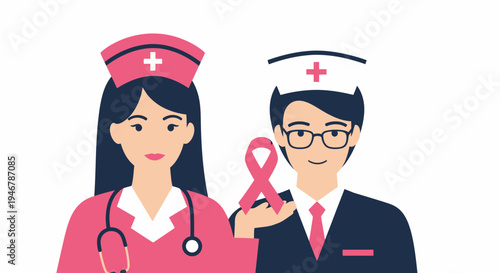 Medical Professionals Holding Pink Ribbon Representing Breast Cancer Awareness Support