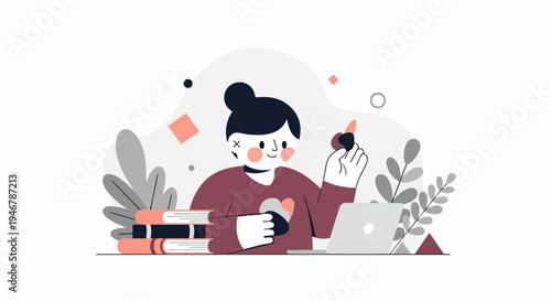 Flat illustration of a person working on a laptop surrounded by books and plants