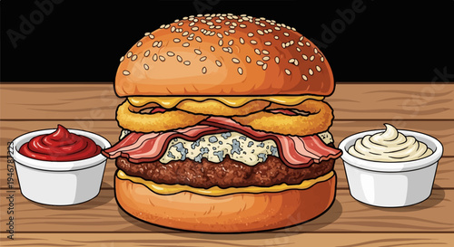 Hearty burger stacked with cheese, onion rings, bacon, and blue cheese, with sides of ketchup and mayo