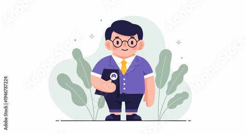 A smiling cartoon person in a suit and tie, holding a folder, surrounded by stylized leaves