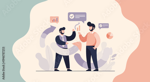 Two men discuss charts and progress, surrounded by abstract shapes and arrows