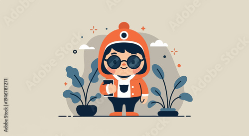 A cute cartoon figure in an orange hoodie and round glasses, holding a phone