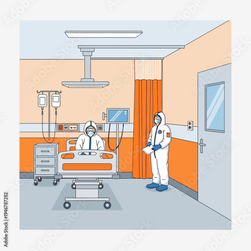 Medical Professionals in Full Protective Gear in Modern Hospital Room Environment
