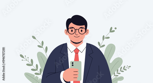 A man in a suit holds a phone amidst green foliage