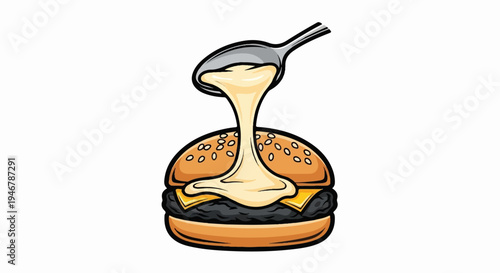A cartoon-style burger with melting cheese being poured from a spoon onto its top bun