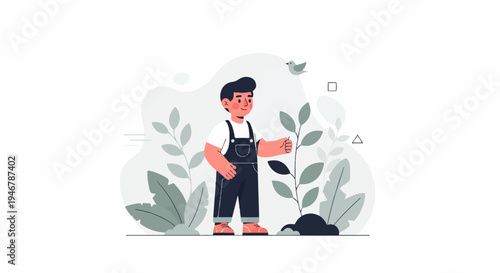 A smiling child in overalls, tending to a young plant, surrounded by foliage