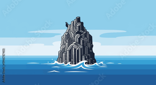 Jagged, dark rock formation rises from deep blue, choppy ocean under a light blue sky