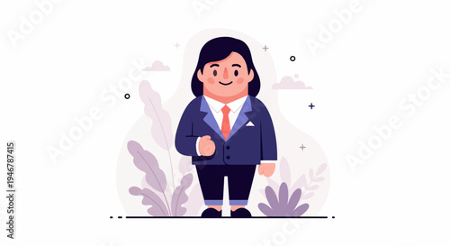 A cheerful, stylized person in a suit stands among abstract plants and shapes
