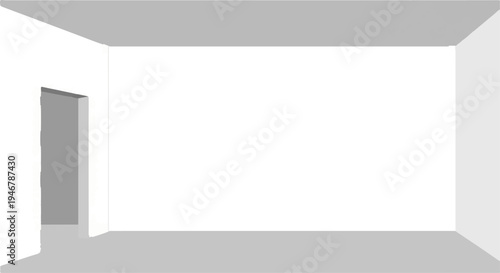 A stark, minimalist rendering of an interior space with an open doorway