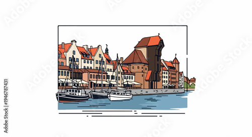 Stylized drawing of a European harbor with historic buildings and boats