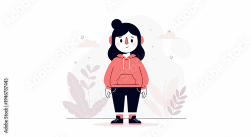 A cartoon character in a pink hoodie and black pants with headphones on, surrounded by plants and clouds