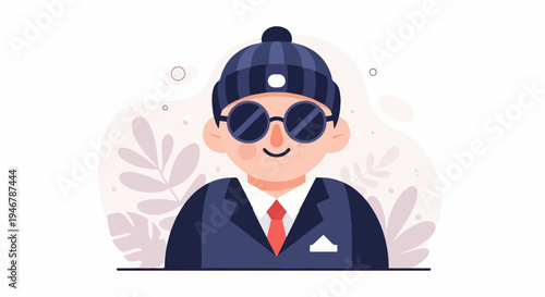 Stylish person in a suit, hat, and sunglasses, against a light, floral background