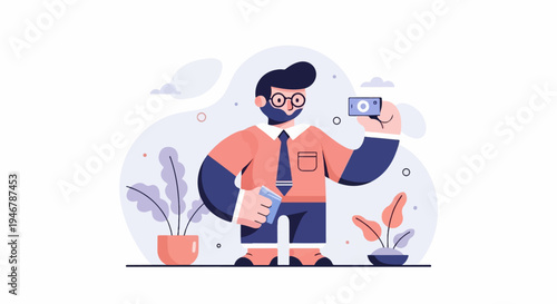 Flat cartoon man in glasses and tie takes a selfie with a camera, holding a drink