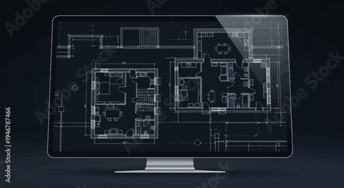 A computer screen displays a digital blueprint of a house, showing floor plans and room layouts