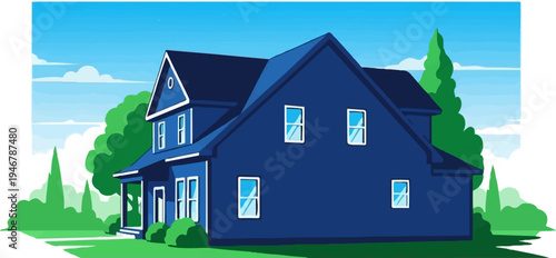 A charming blue two-story house with white trim, nestled amidst lush green trees under a bright blue sky with fluffy white clouds