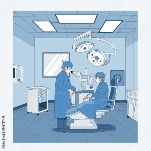 Medical Professionals Perform Eye Examination in a Sterile and Well-Lit Operating Room Setting