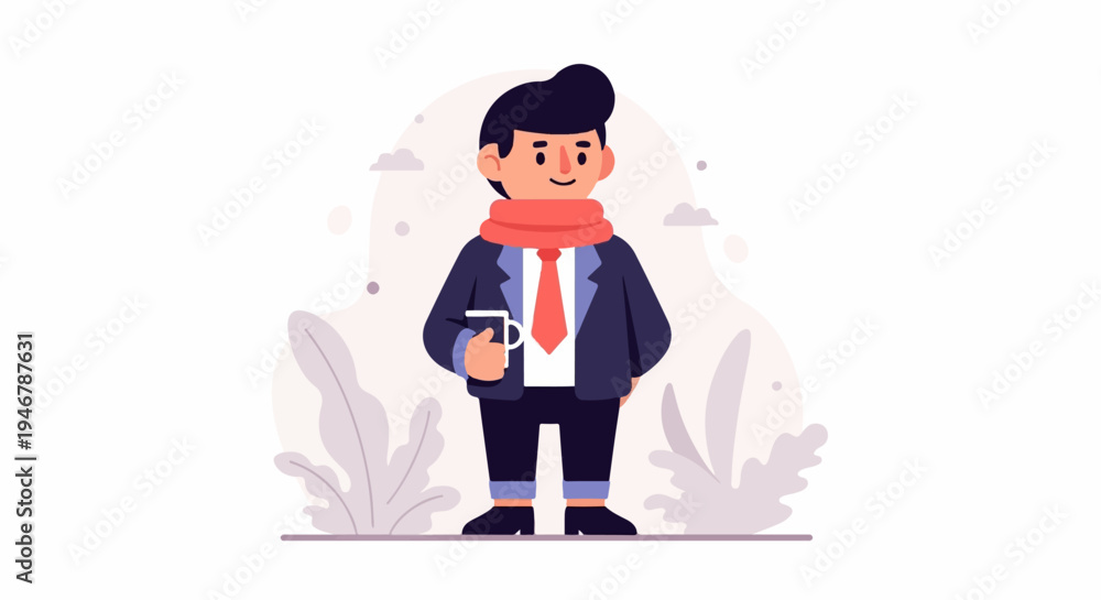 Obraz premium Stylized man in suit holding a mug, wearing a scarf