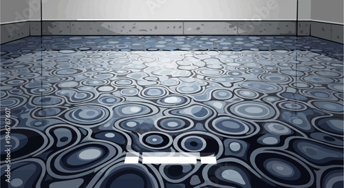 A patterned floor with circular designs in shades of blue and gray reflects light