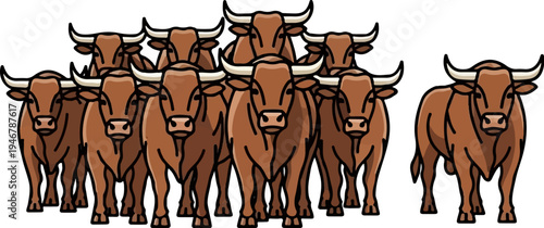 A herd of stylized brown bulls stand closely together, facing forward with determined expressions