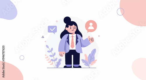 A woman in a suit with a tie gives a thumbs up, surrounded by abstract shapes and plants