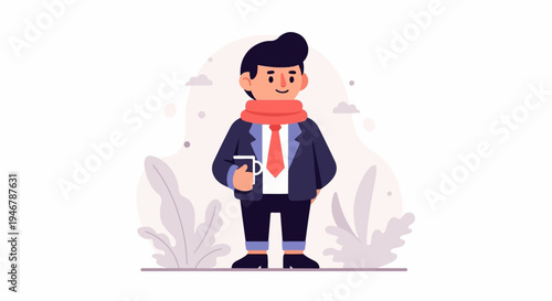 Stylized man in suit holding a mug, wearing a scarf