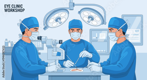 Medical Professionals Performing Eye Surgery Procedures Inside Surgical Clinic Illustration