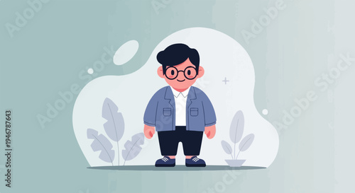 A stylized cartoon character with dark hair, glasses, and blue jacket, stands amidst abstract shapes and plants