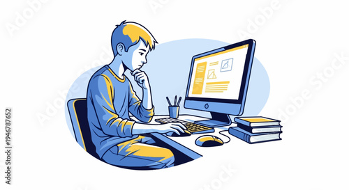 Young person intently focused on computer screen with books nearby