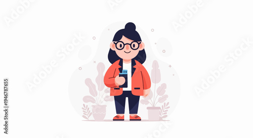 Cheerful woman in glasses, orange jacket, and dark pants, holding a phone