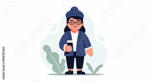 Stylized person with glasses and a beanie holding a cup