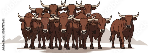 A group of pixelated brown bulls stand together with their horns prominent against a white background