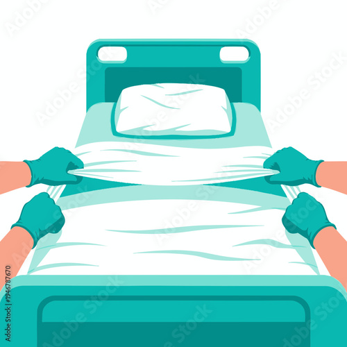 Medical Professionals Precisely Arrange Hospital Bed Linens for Patient Comfort and Hygiene