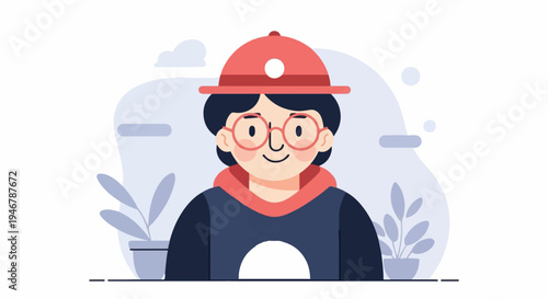 A person wearing a hat and glasses, framed by plants and soft background shapes